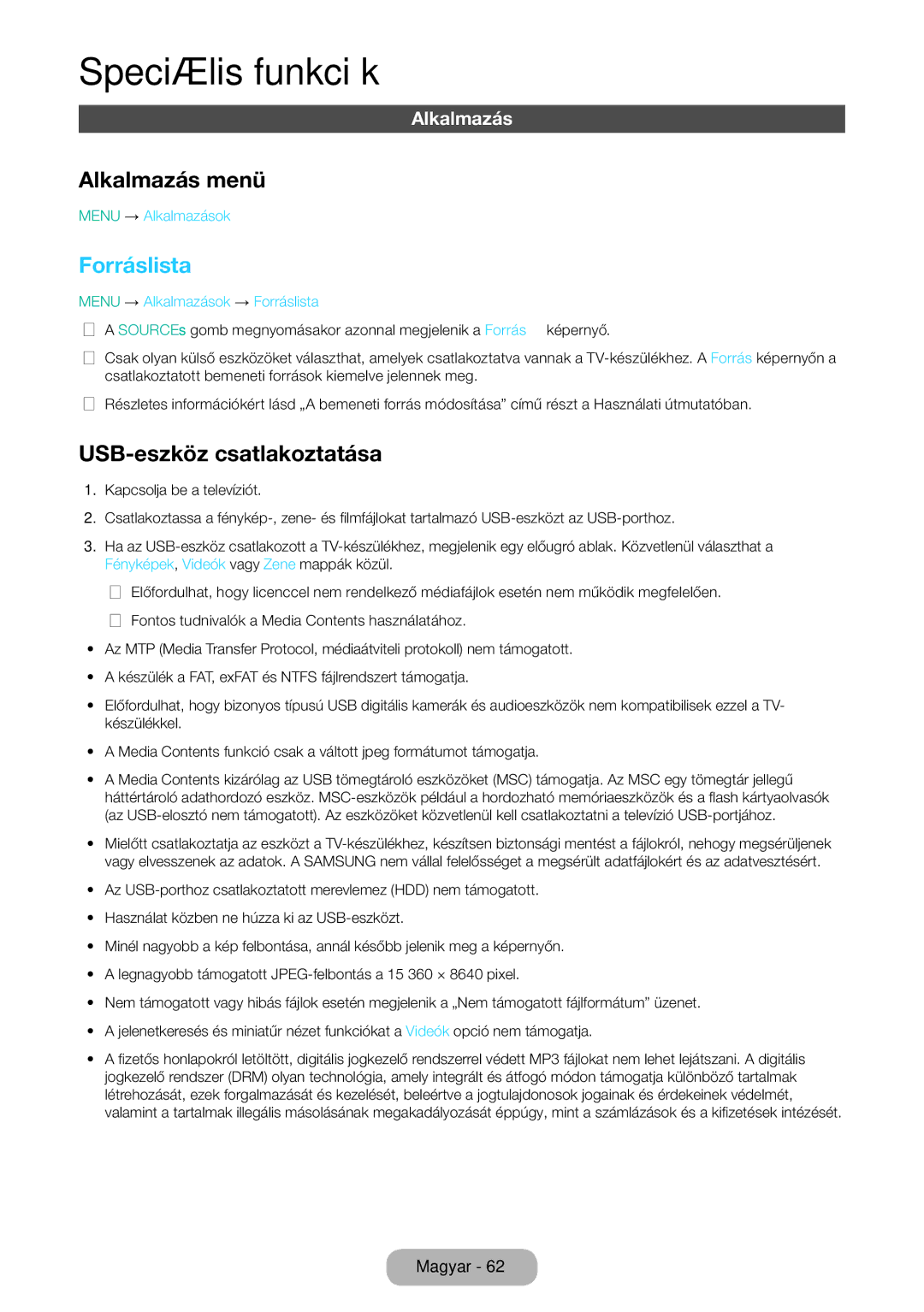Samsung LT31D310EW/EN, LT31D310EX/EN manual Alkalmazás menü, Forráslista, USB-eszköz csatlakoztatása 