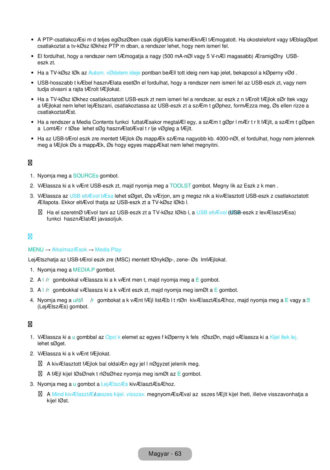 Samsung LT31D310EX/EN, LT31D310EW/EN manual USB-eszköz eltávolítása, Media Play, Kiválasztott fájlok lejátszása 