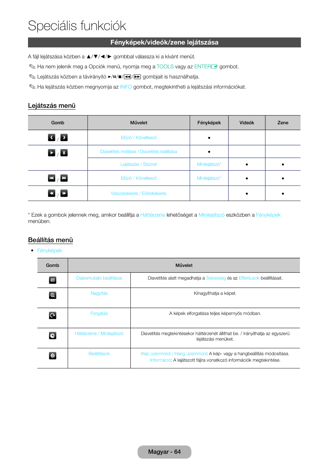 Samsung LT31D310EW/EN, LT31D310EX/EN manual Fényképek/videók/zene lejátszása, Lejátszás menü, Beállítás menü 