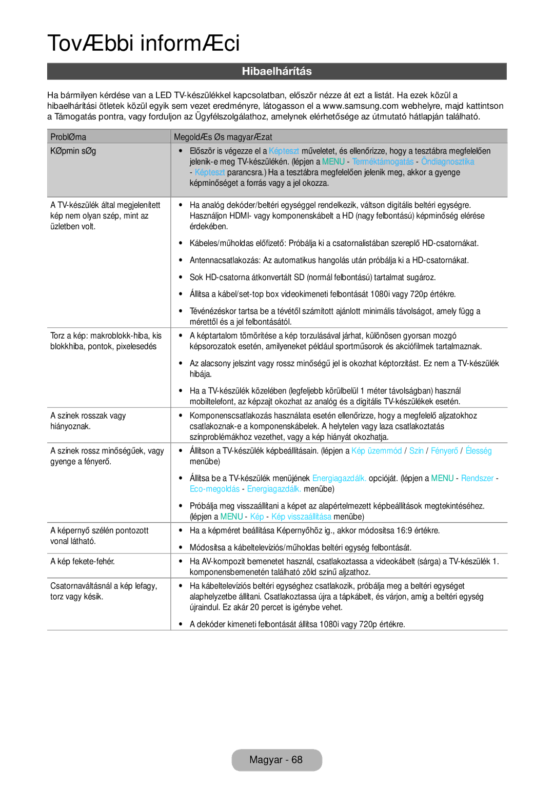 Samsung LT31D310EW/EN Hibaelhárítás, Eco-megoldás Energiagazdálk. menübe, Lépjen a Menu Kép Kép visszaállítása menübe 