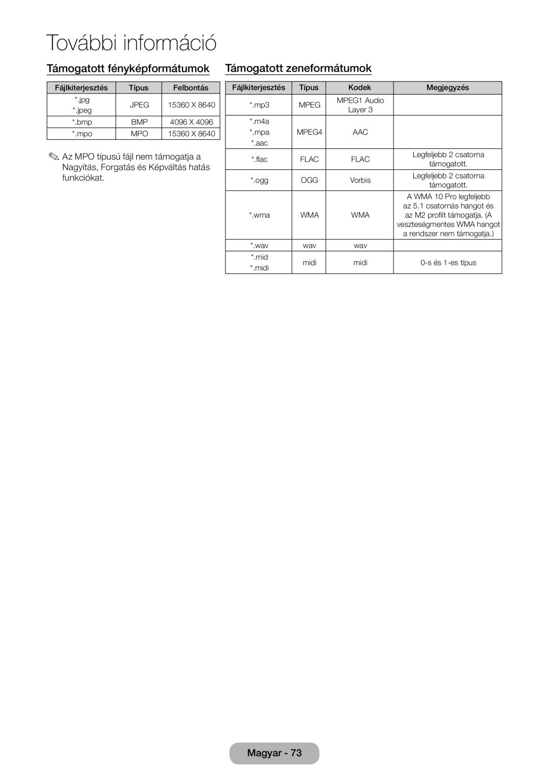 Samsung LT31D310EX/EN, LT31D310EW/EN manual Támogatott fényképformátumok, Támogatott zeneformátumok 