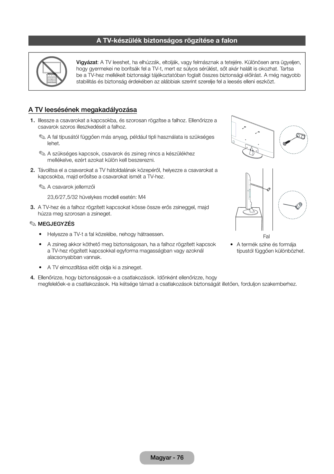 Samsung LT31D310EW/EN, LT31D310EX/EN manual TV-készülék biztonságos rögzítése a falon, TV leesésének megakadályozása 