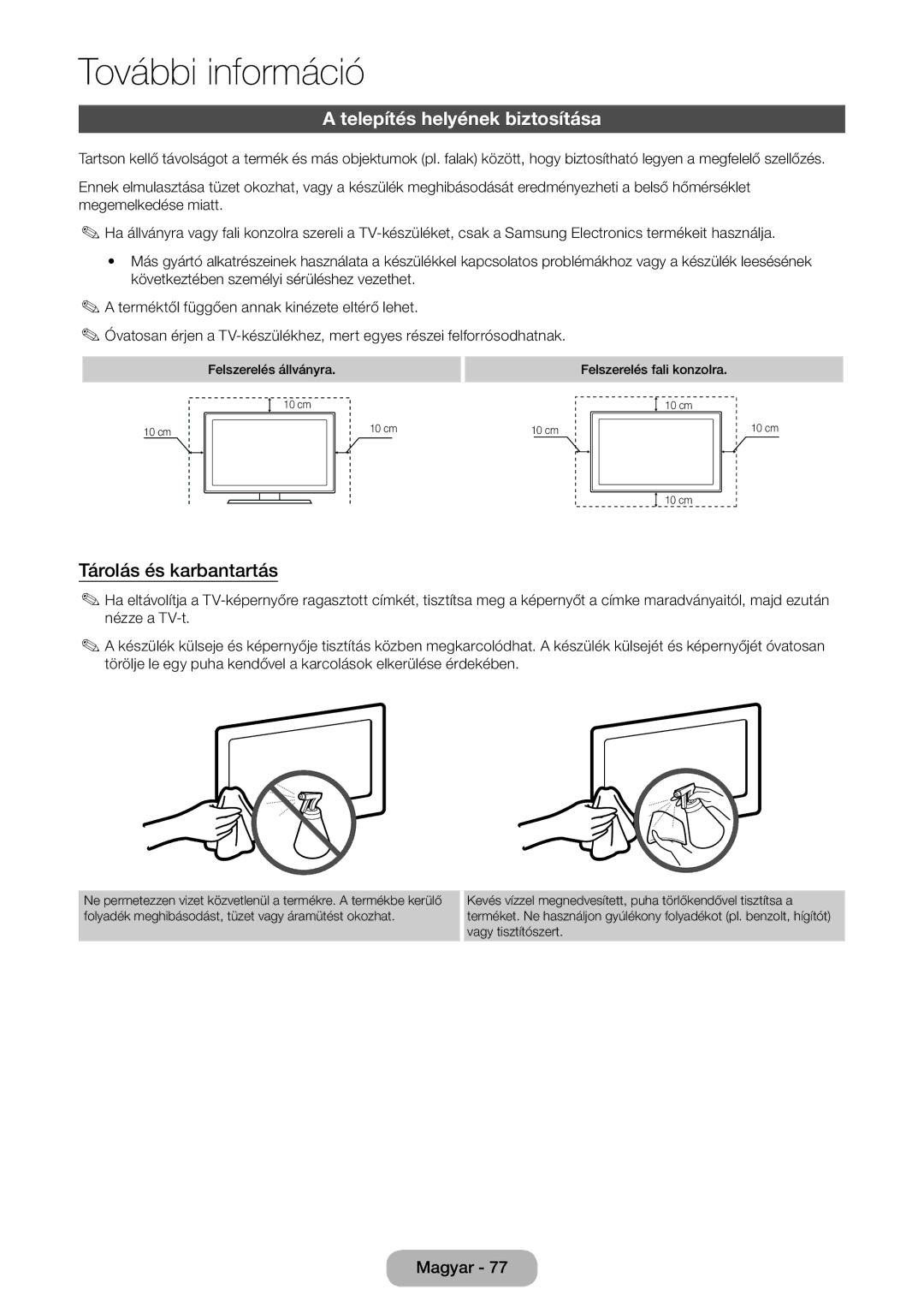 Samsung LT31D310EX/EN, LT31D310EW/EN manual Telepítés helyének biztosítása, Tárolás és karbantartás 