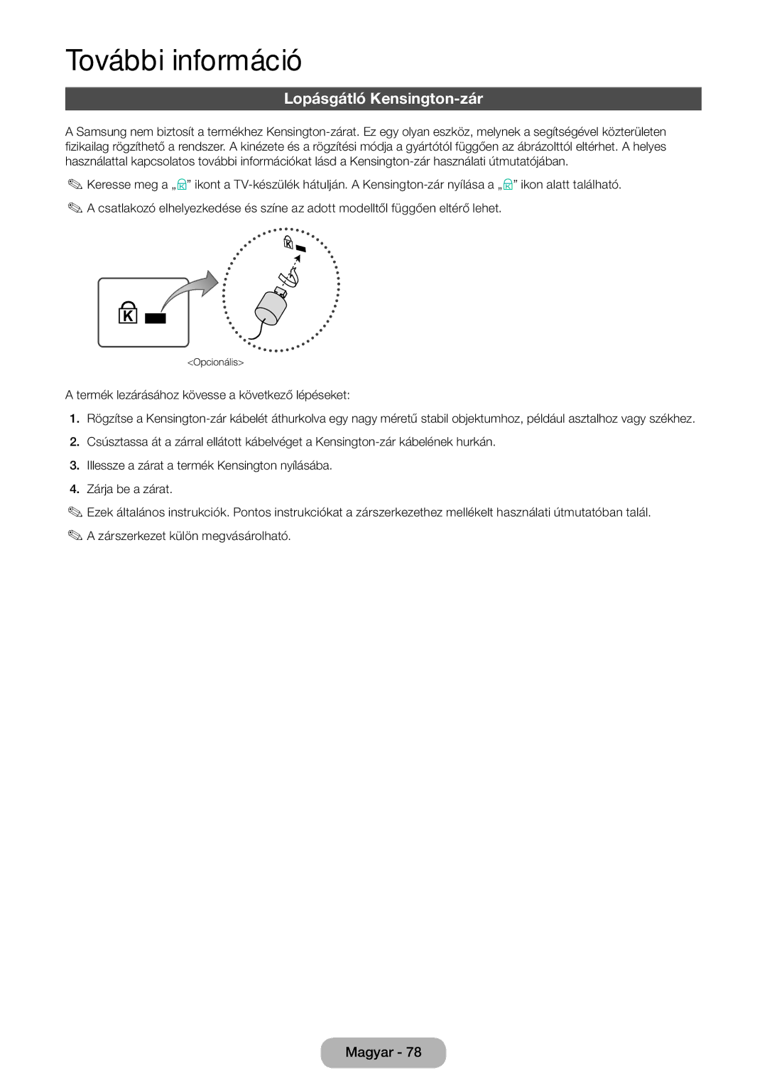 Samsung LT31D310EW/EN, LT31D310EX/EN manual Lopásgátló Kensington-zár 