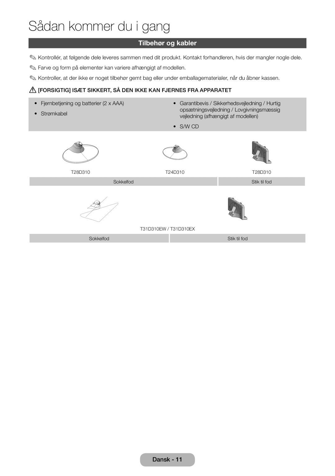 Samsung LT31D310EW/XU manual Tilbehør og kabler, Fjernbetjening og batterier 2 x AAA Strømkabel 