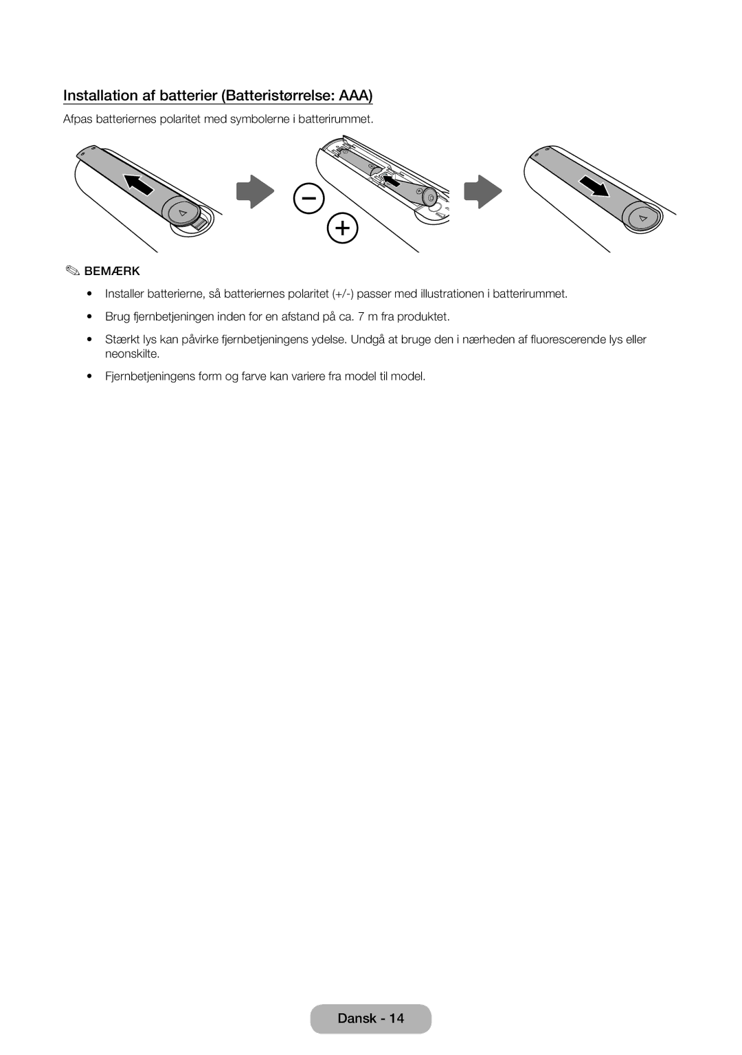 Samsung LT31D310EW/XU manual Installation af batterier Batteristørrelse AAA, Bemærk 