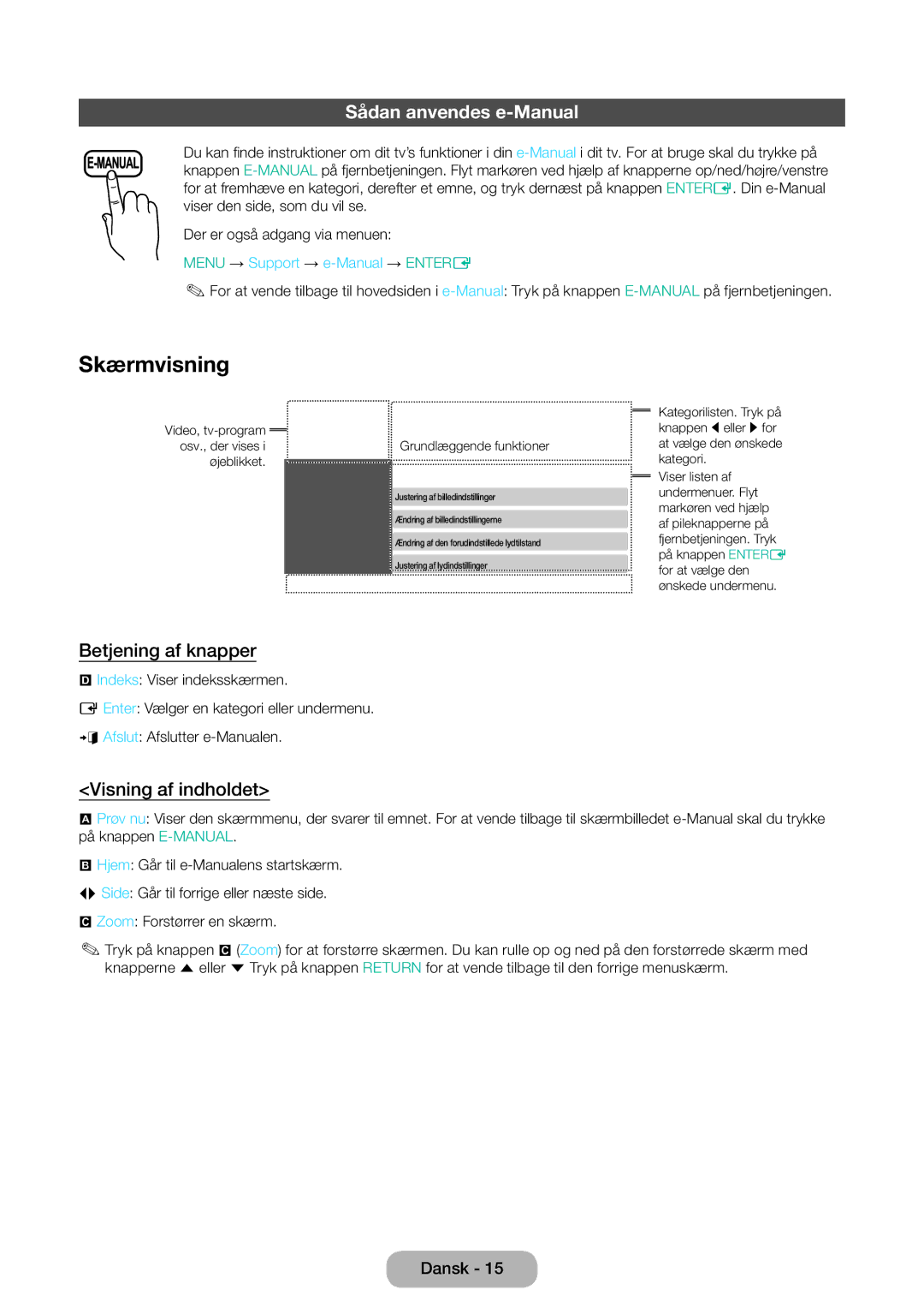 Samsung LT31D310EW/XU manual Skærmvisning, Sådan anvendes e-Manual, Betjening af knapper, Visning af indholdet 