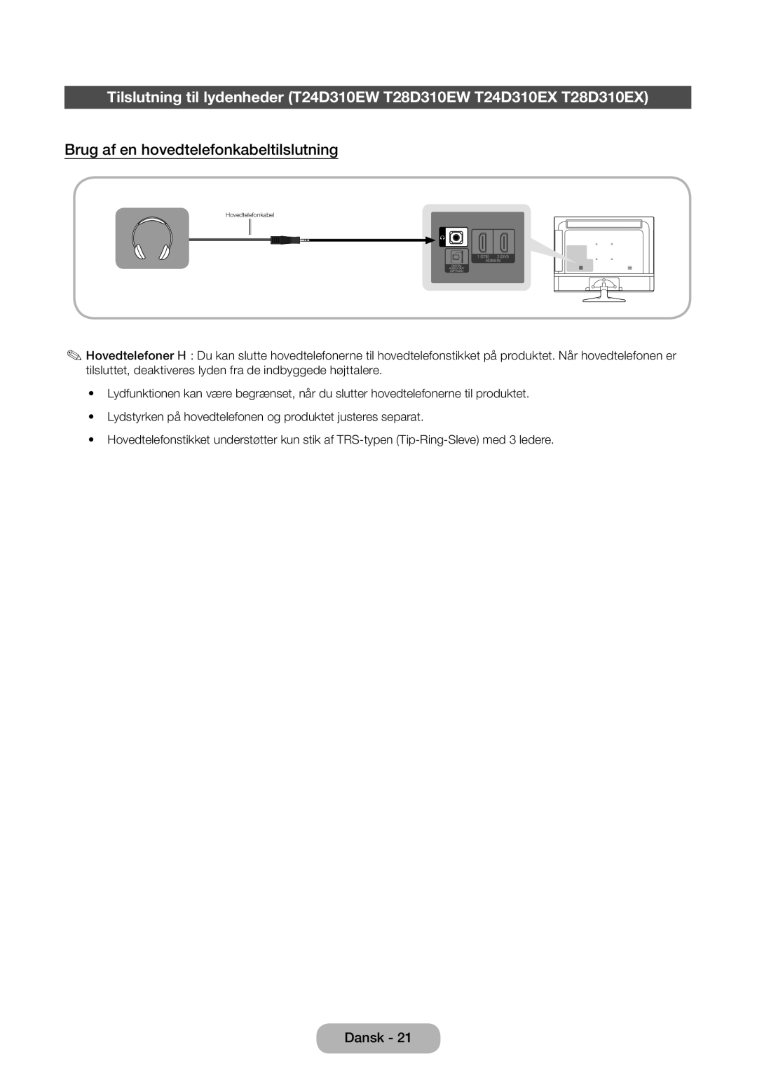 Samsung LT31D310EW/XU manual Brug af en hovedtelefonkabeltilslutning 