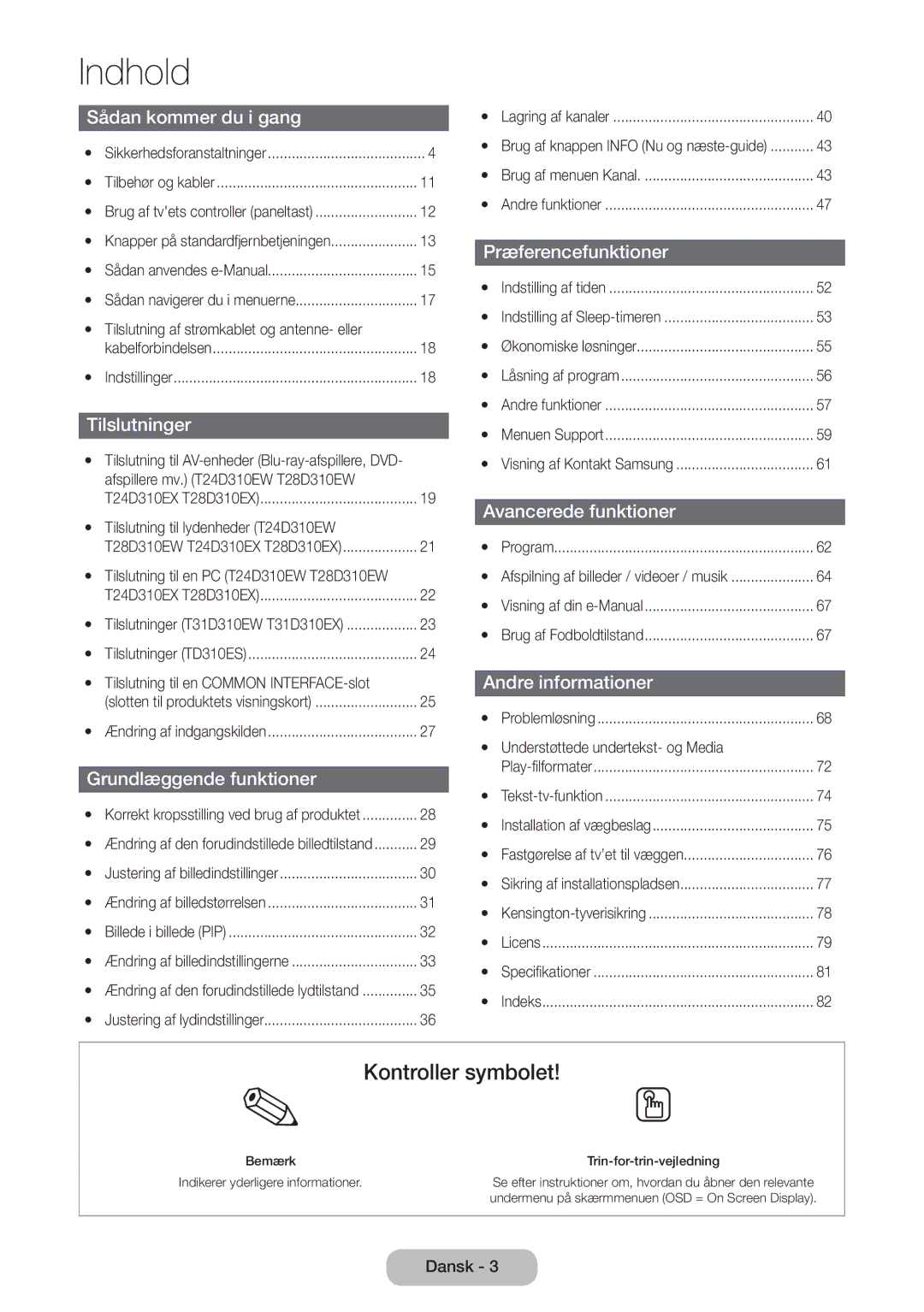 Samsung LT31D310EW/XU manual Indhold 