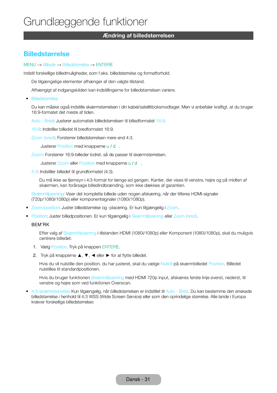 Samsung LT31D310EW/XU manual Ændring af billedstørrelsen, Menu → Billede → Billedstørrelse → Entere 