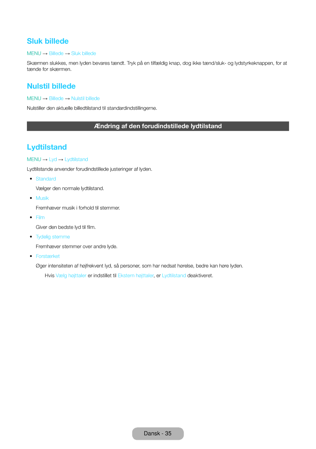 Samsung LT31D310EW/XU manual Sluk billede, Nulstil billede, Lydtilstand, Ændring af den forudindstillede lydtilstand 