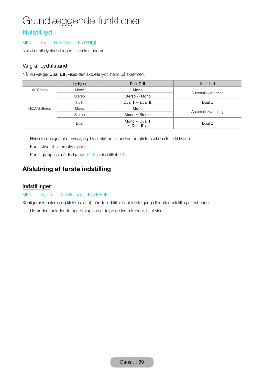 Samsung LT31D310EW/XU manual Nulstil lyd, Afslutning af første indstilling, Valg af Lydtilstand, Indstillinger 