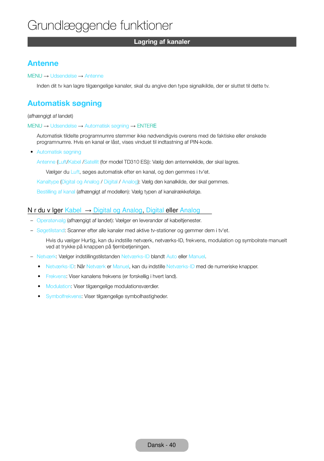 Samsung LT31D310EW/XU manual Antenne, Automatisk søgning, Lagring af kanaler 