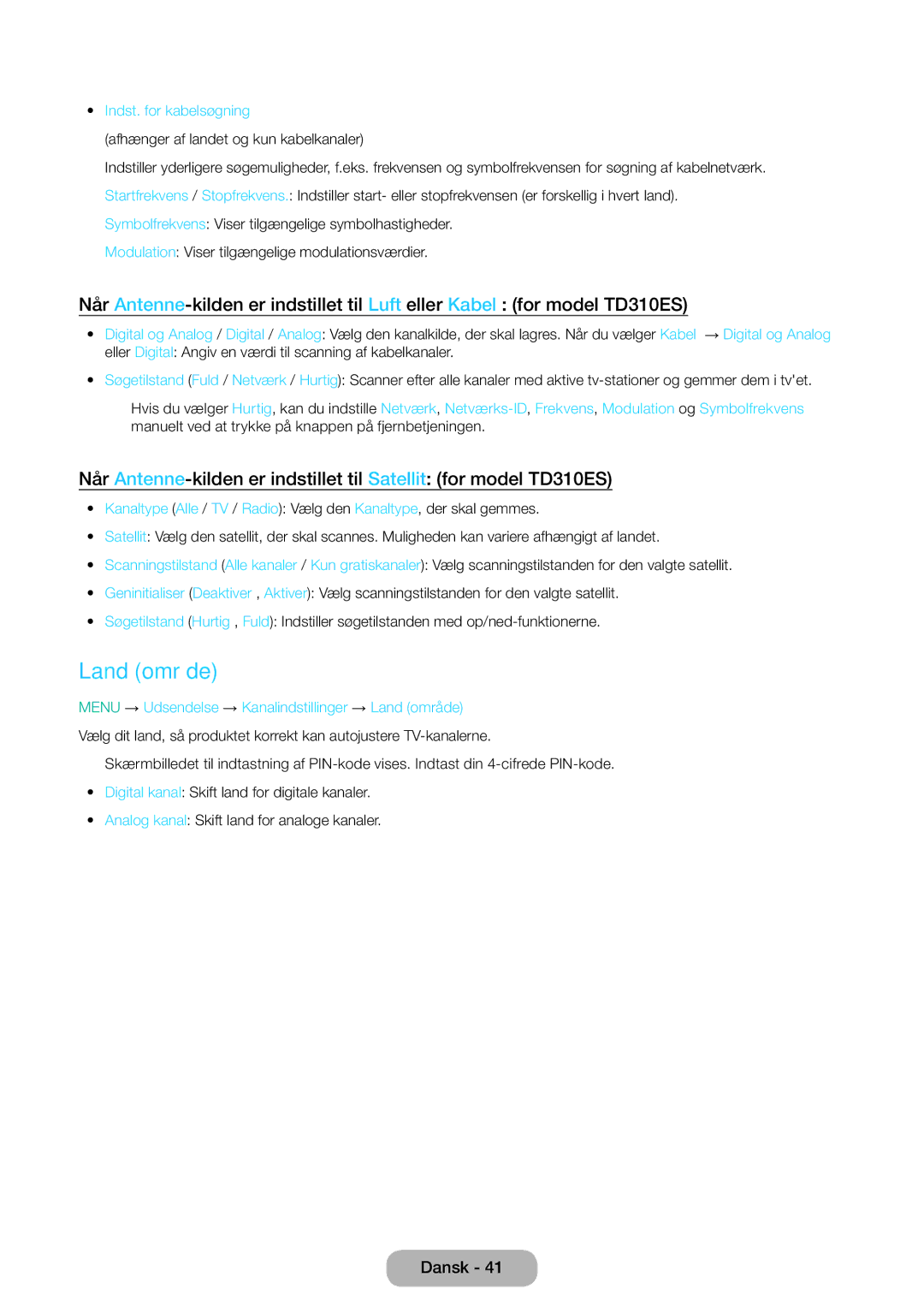 Samsung LT31D310EW/XU manual Land område, Indst. for kabelsøgning 