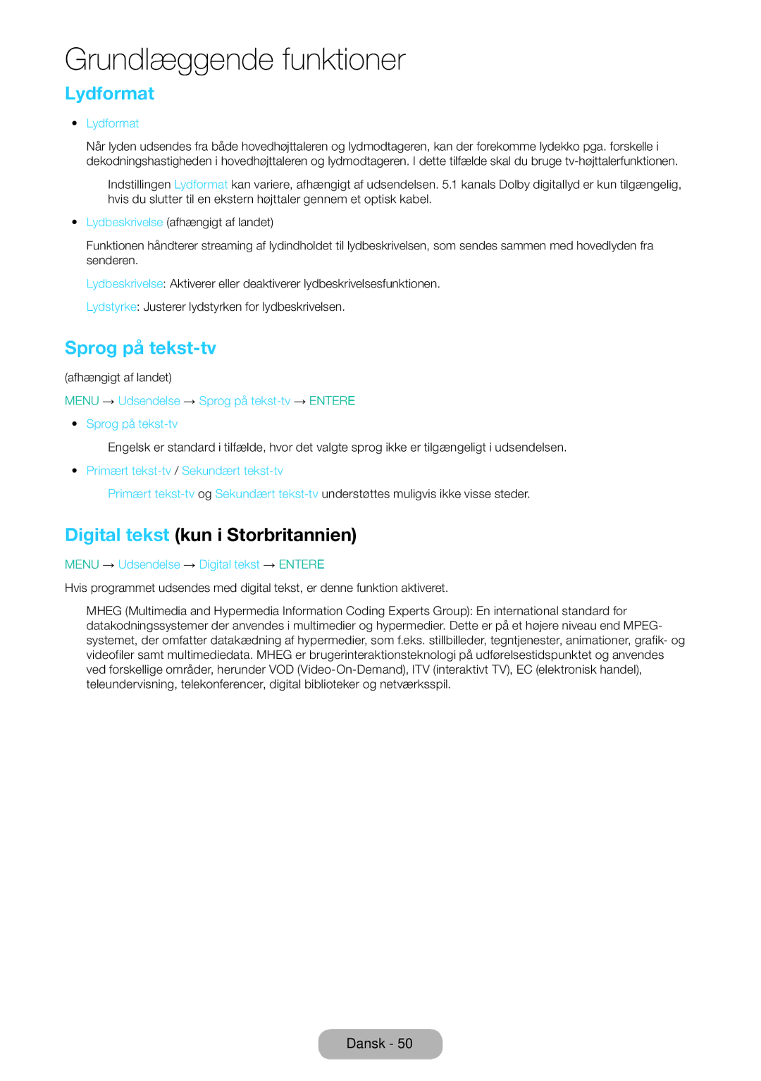 Samsung LT31D310EW/XU manual Lydformat, Sprog på tekst-tv, Digital tekst kun i Storbritannien 