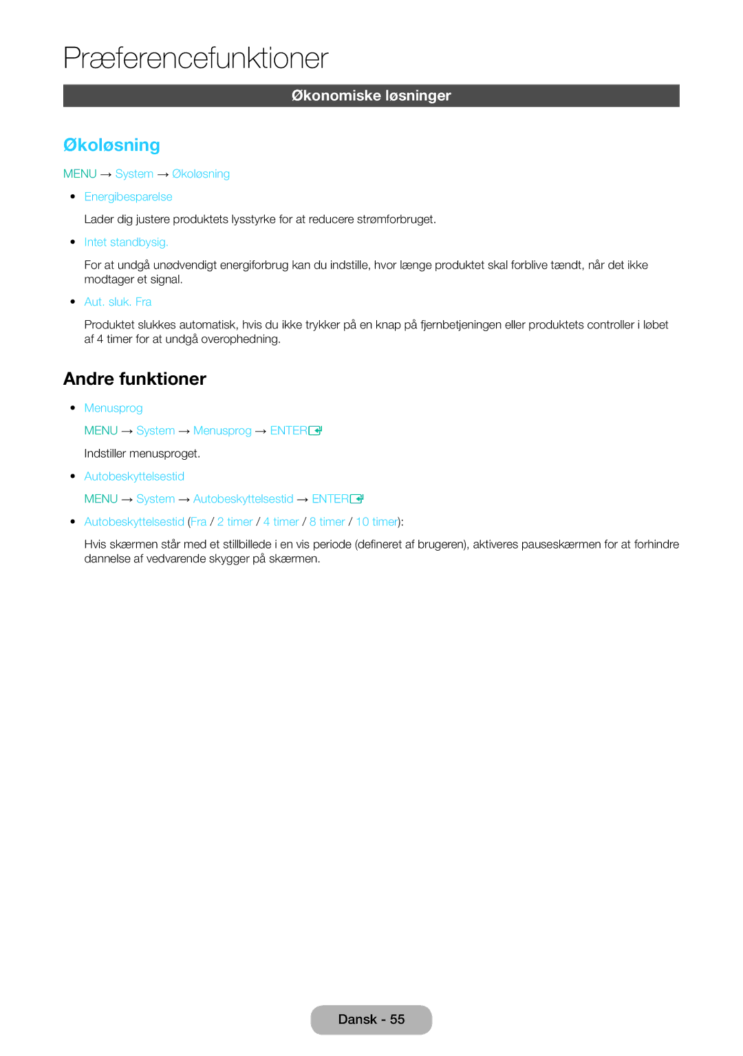 Samsung LT31D310EW/XU manual Økoløsning, Andre funktioner, Økonomiske løsninger 