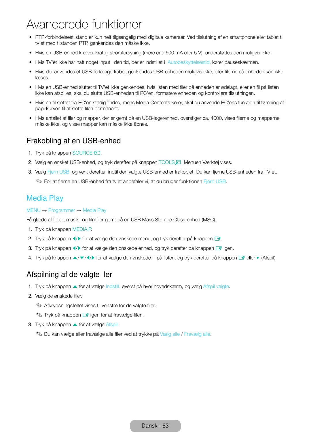 Samsung LT31D310EW/XU manual Frakobling af en USB-enhed, Media Play, Afspilning af de valgte filer 