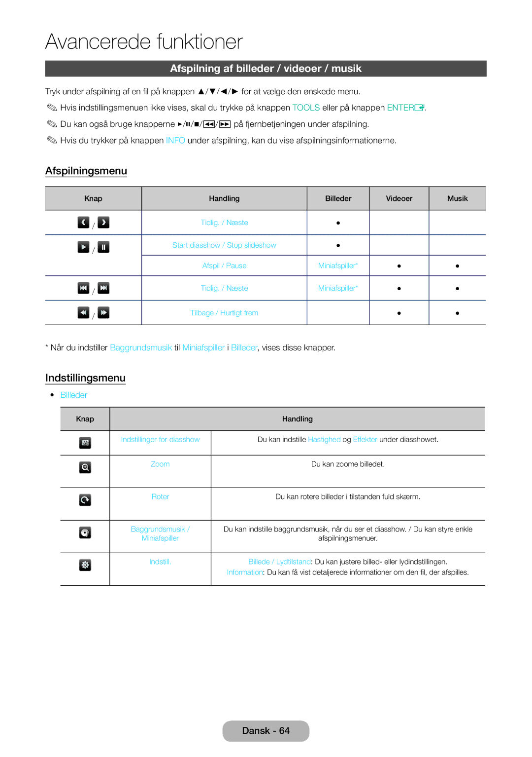 Samsung LT31D310EW/XU manual Afspilning af billeder / videoer / musik, Afspilningsmenu, Indstillingsmenu, Billeder 