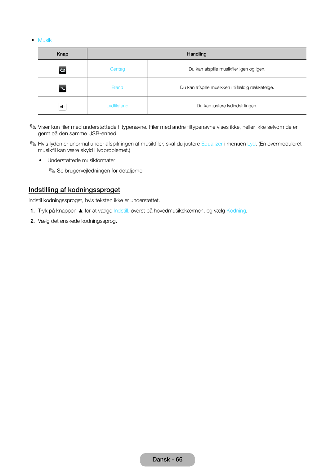 Samsung LT31D310EW/XU manual Indstilling af kodningssproget, Musik 