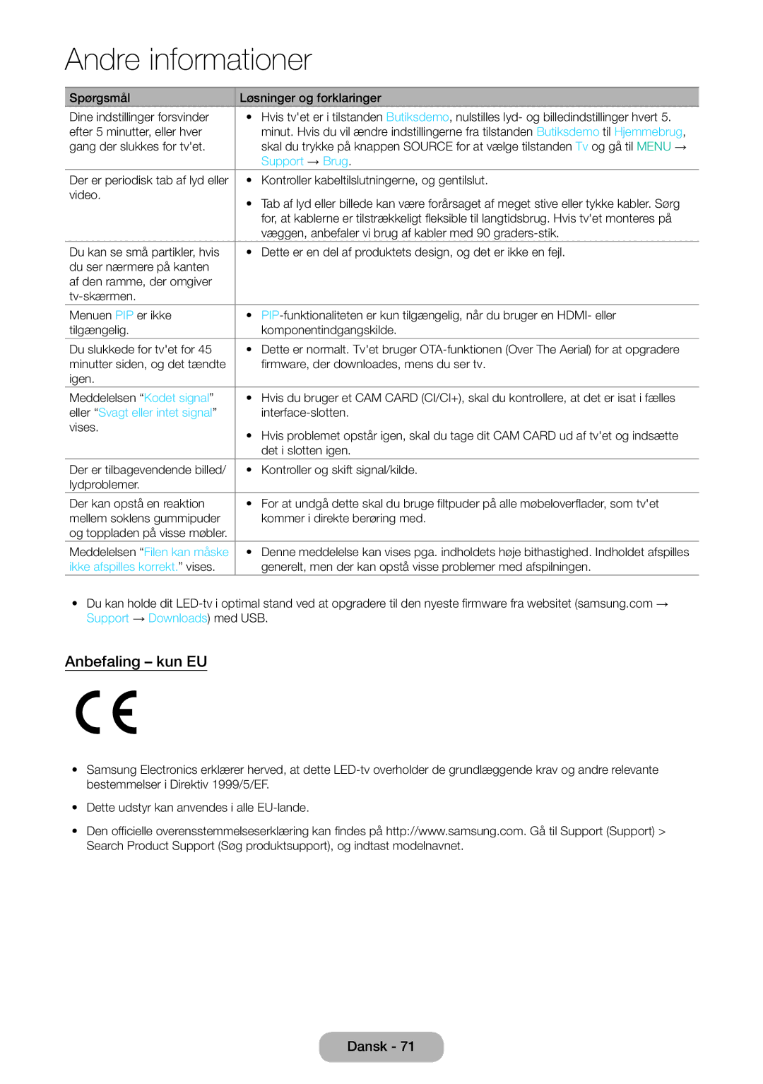 Samsung LT31D310EW/XU manual Anbefaling kun EU, Support → Brug, Eller Svagt eller intet signal, Meddelelsen Filen kan måske 