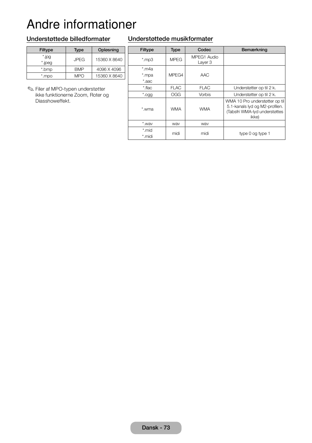 Samsung LT31D310EW/XU manual Understøttede billedformater, Understøttede musikformater 