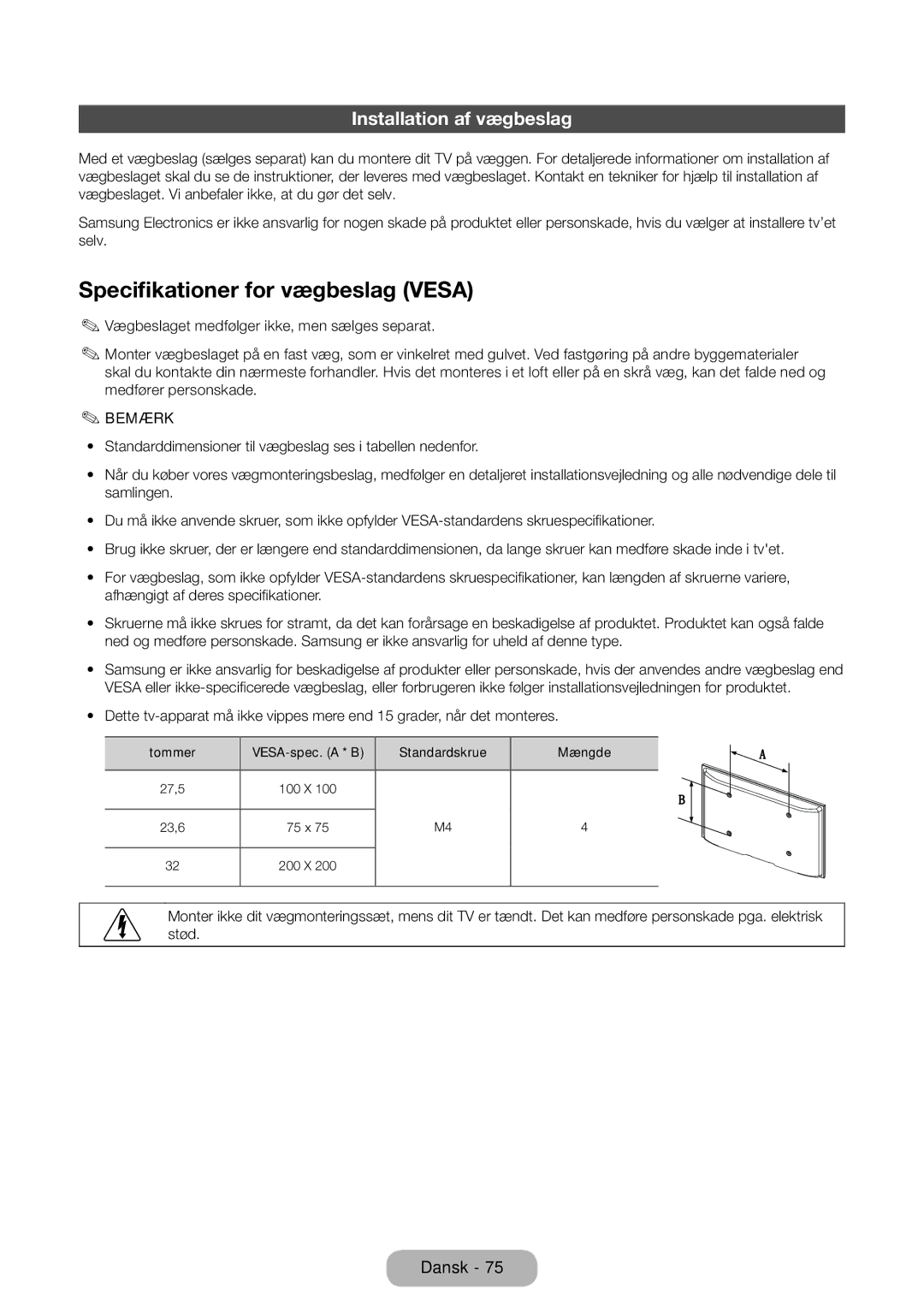 Samsung LT31D310EW/XU manual Specifikationer for vægbeslag Vesa, Installation af vægbeslag 