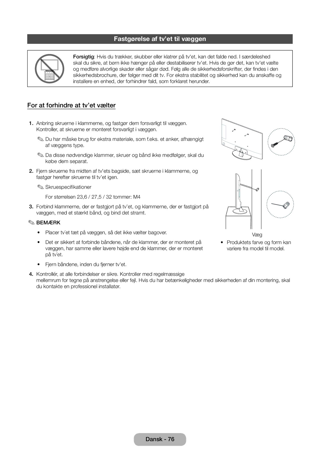 Samsung LT31D310EW/XU manual Fastgørelse af tv’et til væggen, For at forhindre at tv’et vælter 