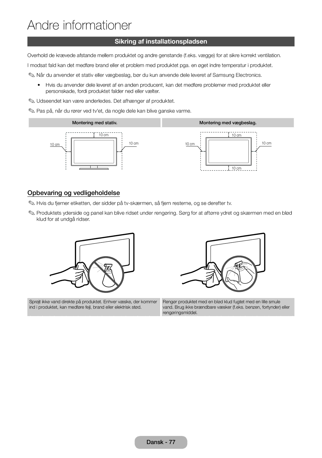 Samsung LT31D310EW/XU manual Sikring af installationspladsen, Opbevaring og vedligeholdelse 