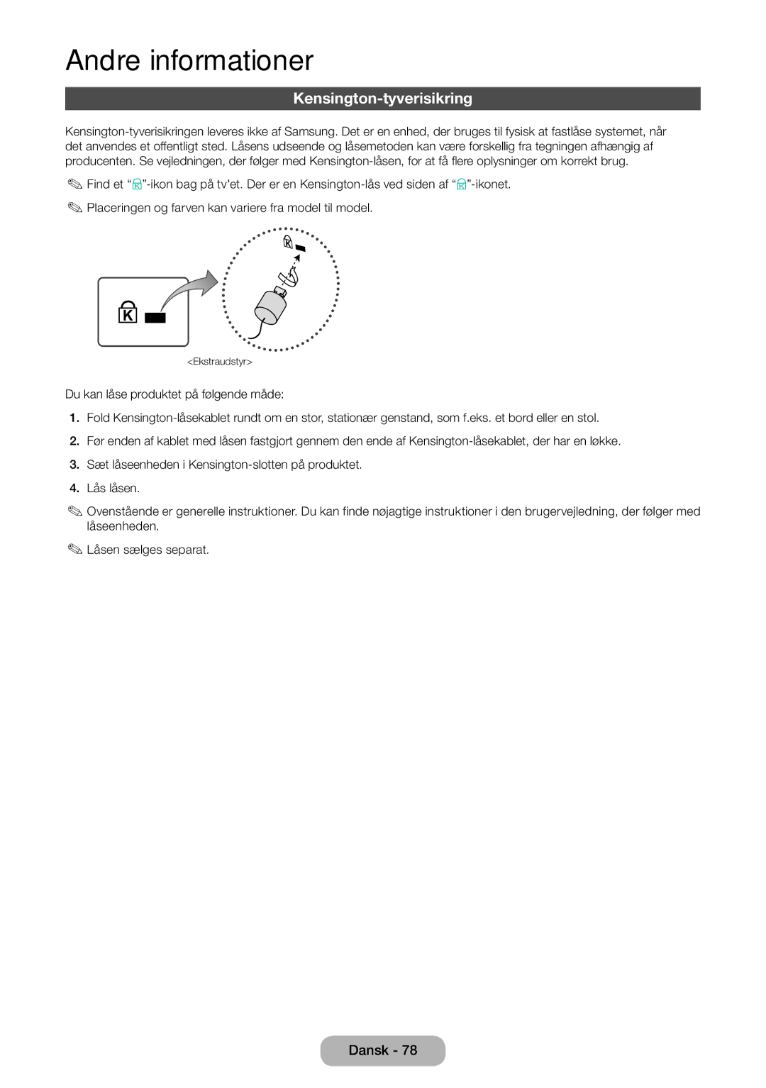 Samsung LT31D310EW/XU manual Kensington-tyverisikring 