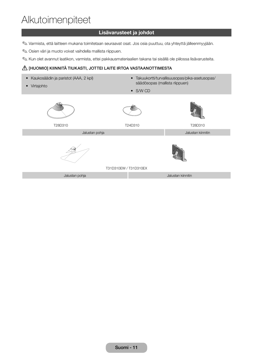 Samsung LT31D310EW/XU manual Lisävarusteet ja johdot, Virtajohto Säädösopas mallista riippuen 