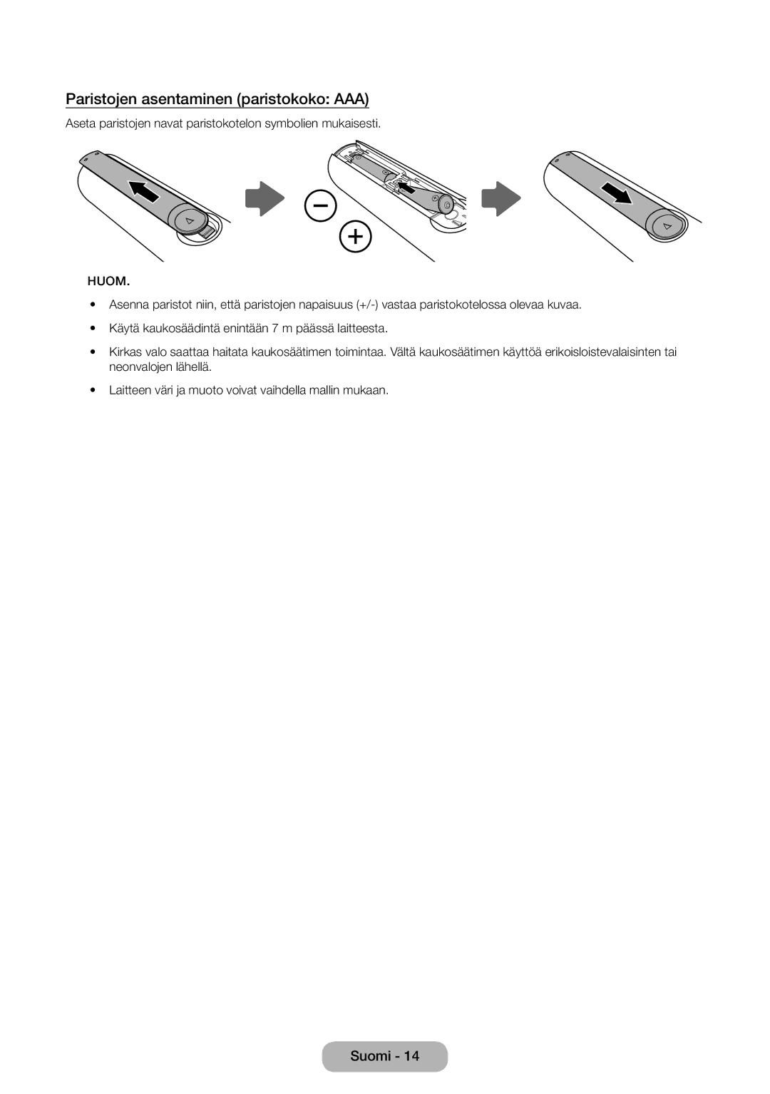 Samsung LT31D310EW/XU manual Paristojen asentaminen paristokoko AAA, Huom 