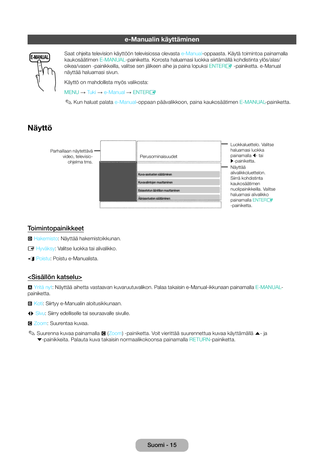 Samsung LT31D310EW/XU manual Näyttö, Manualin käyttäminen, Toimintopainikkeet, Sisällön katselu 