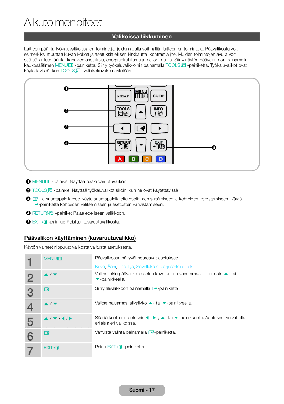 Samsung LT31D310EW/XU manual Valikoissa liikkuminen, Päävalikon käyttäminen kuvaruutuvalikko 