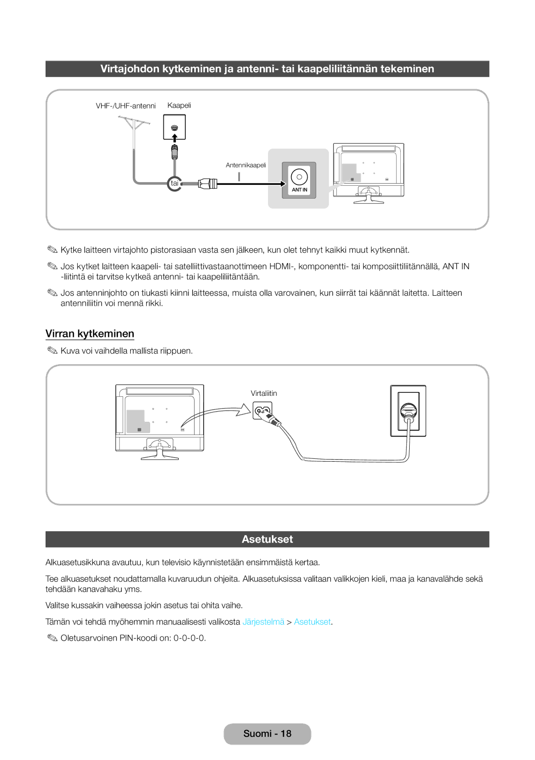 Samsung LT31D310EW/XU manual Virran kytkeminen, Asetukset 