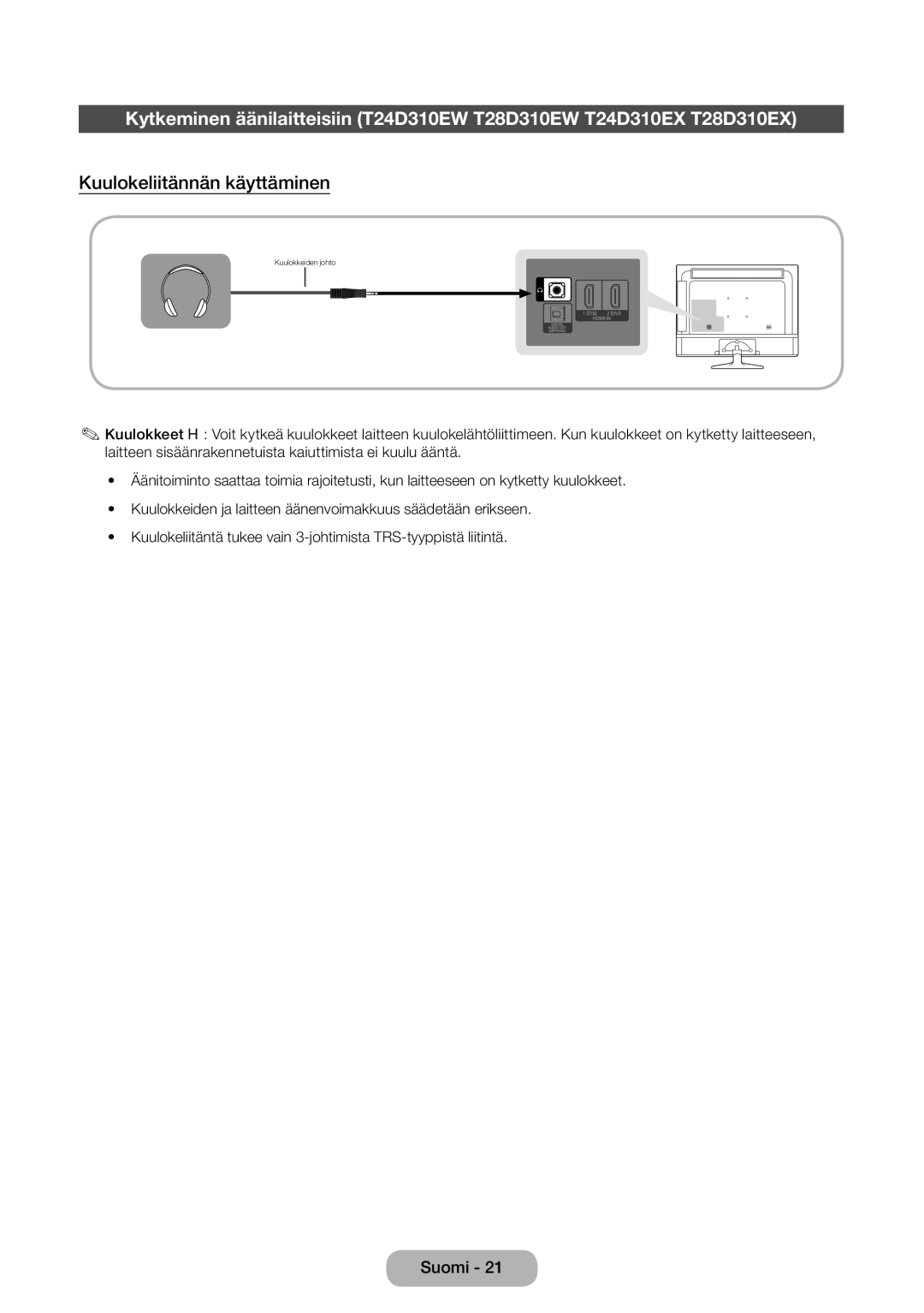 Samsung LT31D310EW/XU manual Kuulokeliitännän käyttäminen 