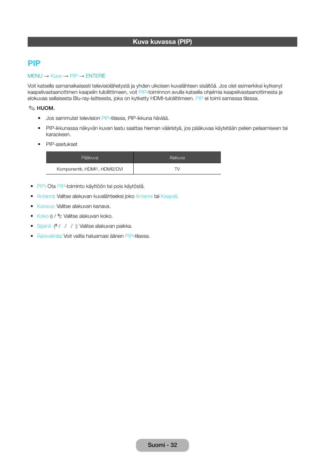 Samsung LT31D310EW/XU manual Pip, Kuva kuvassa PIP 