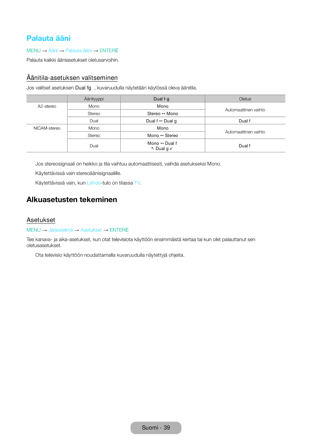 Samsung LT31D310EW/XU manual Palauta ääni, Alkuasetusten tekeminen, Äänitila-asetuksen valitseminen, Asetukset 