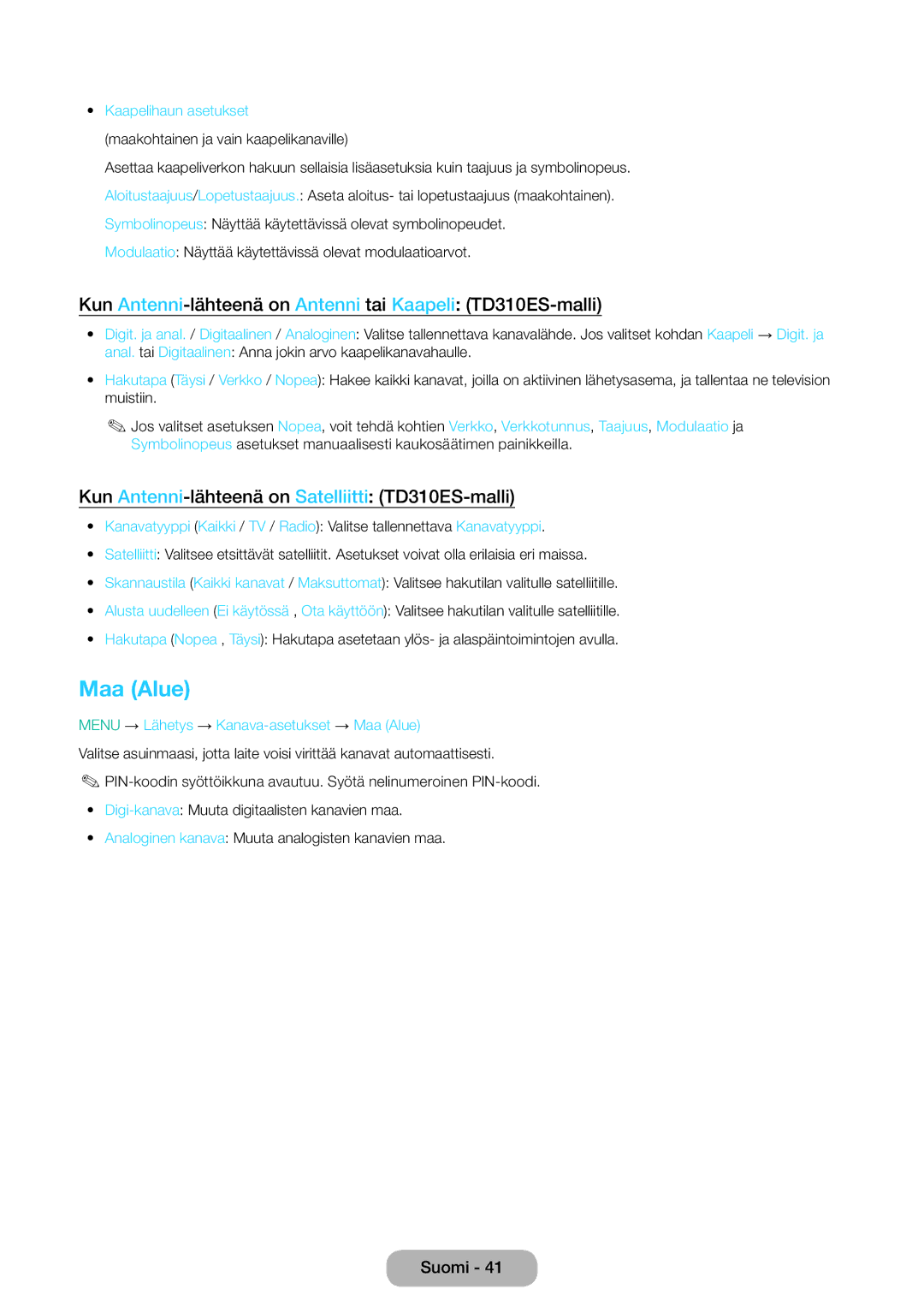 Samsung LT31D310EW/XU manual Maa Alue, Kun Antenni-lähteenä on Antenni tai Kaapeli TD310ES-malli 
