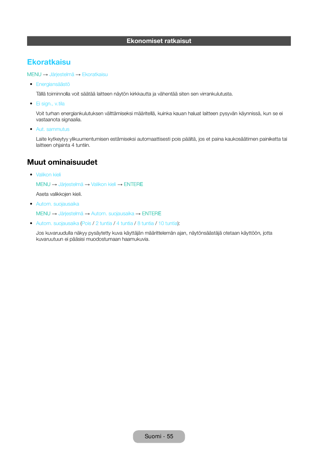 Samsung LT31D310EW/XU manual Ekoratkaisu, Muut ominaisuudet, Ekonomiset ratkaisut 