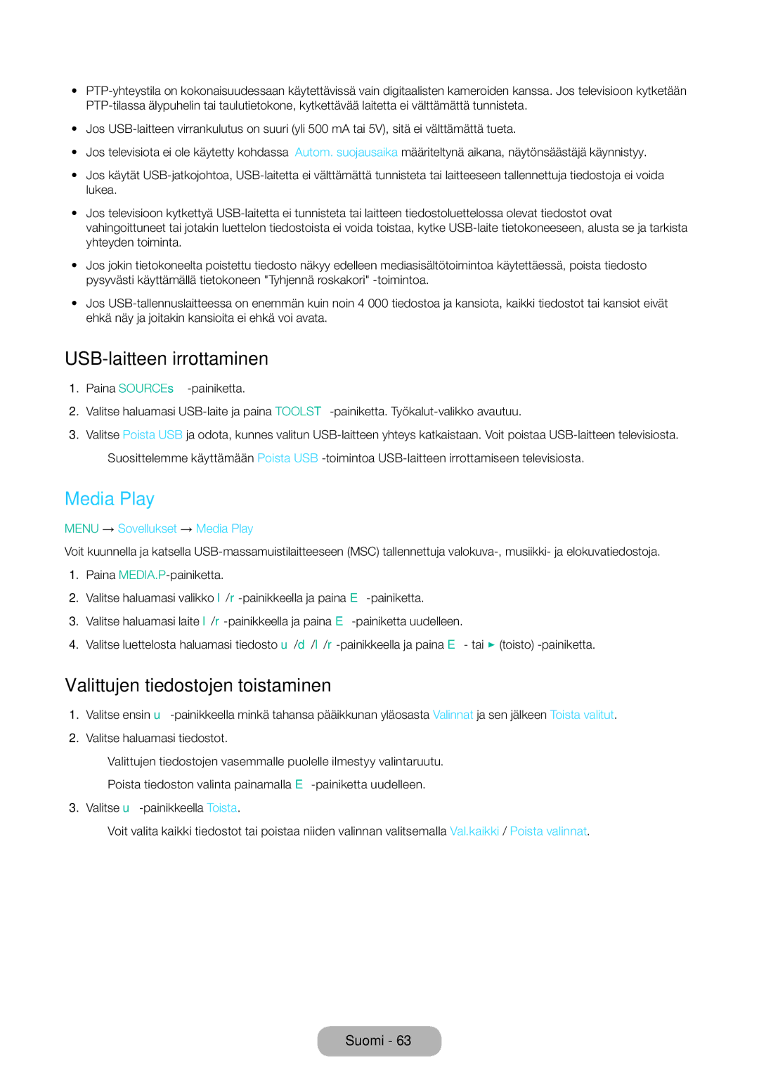 Samsung LT31D310EW/XU manual USB-laitteen irrottaminen, Media Play, Valittujen tiedostojen toistaminen 