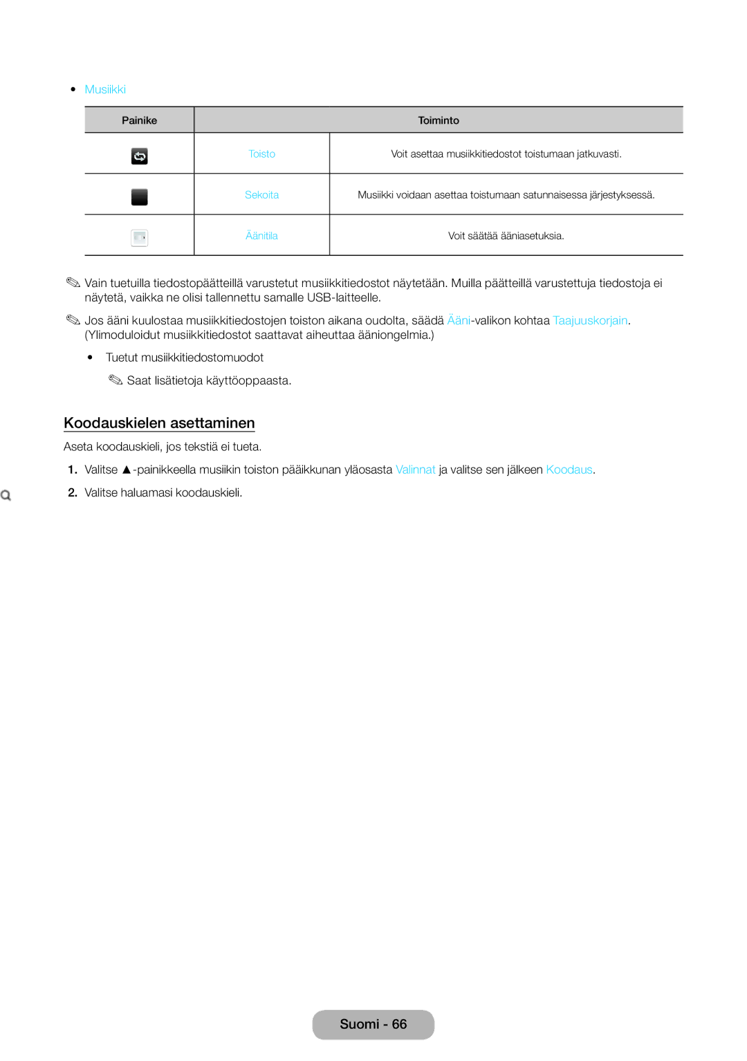 Samsung LT31D310EW/XU manual Koodauskielen asettaminen, Musiikki 