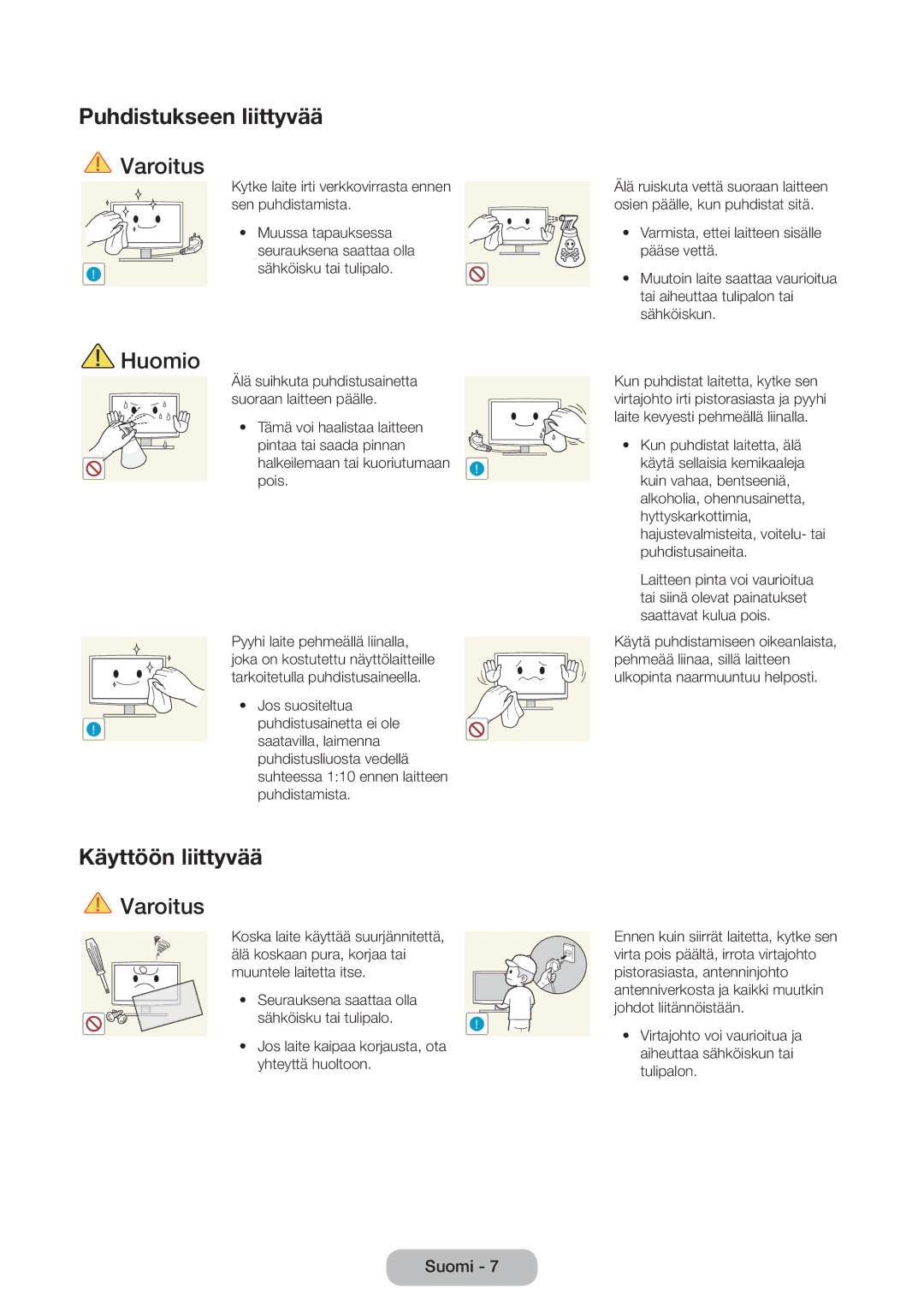 Samsung LT31D310EW/XU manual Puhdistukseen liittyvää, Käyttöön liittyvää 