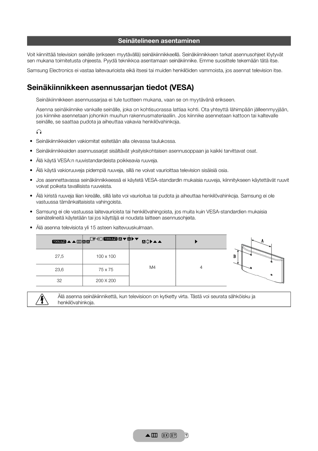 Samsung LT31D310EW/XU manual Seinäkiinnikkeen asennussarjan tiedot Vesa, Seinätelineen asentaminen 