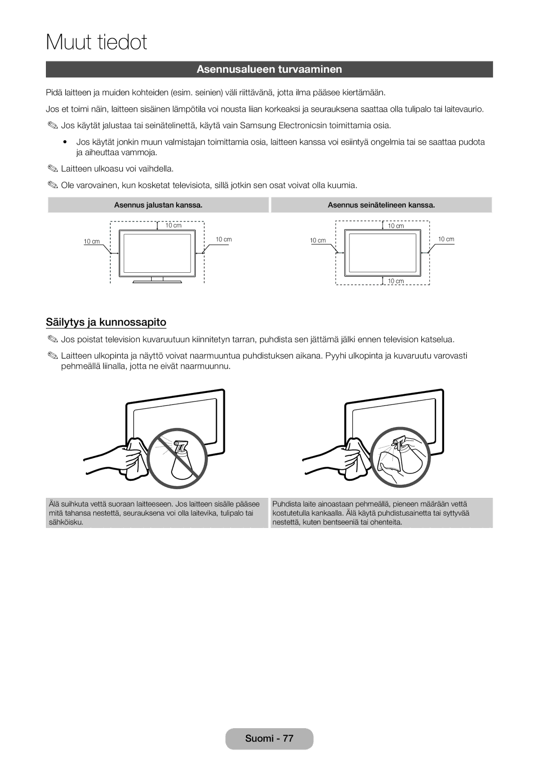 Samsung LT31D310EW/XU manual Asennusalueen turvaaminen, Säilytys ja kunnossapito 