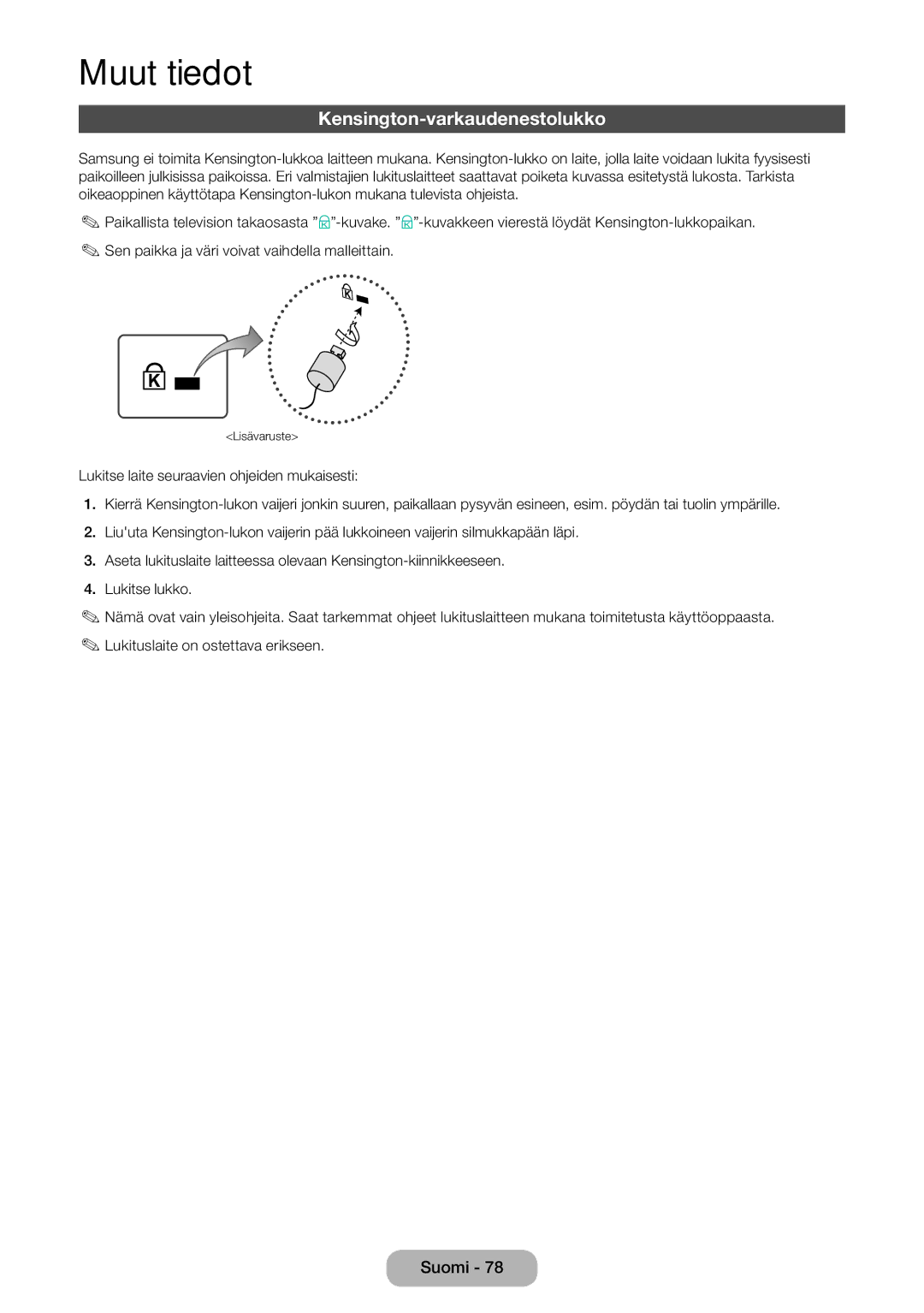 Samsung LT31D310EW/XU manual Kensington-varkaudenestolukko 