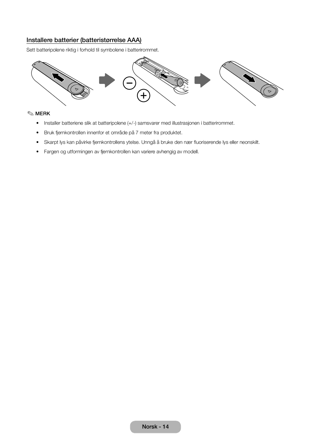 Samsung LT31D310EW/XU manual Installere batterier batteristørrelse AAA, Merk 