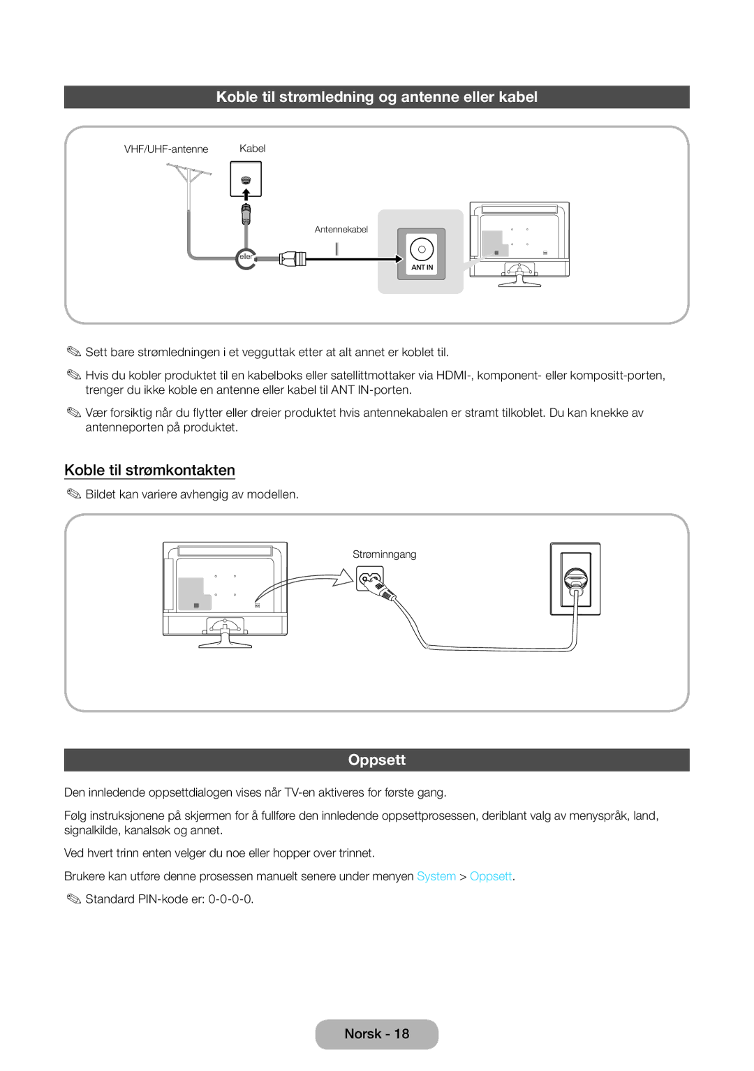 Samsung LT31D310EW/XU manual Koble til strømledning og antenne eller kabel, Koble til strømkontakten, Oppsett 