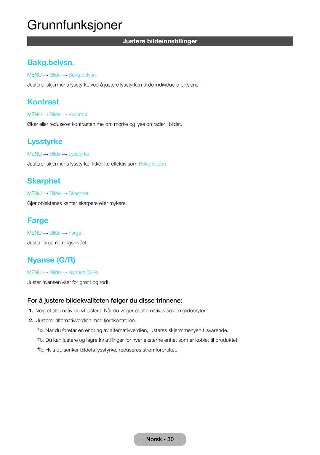 Samsung LT31D310EW/XU manual Bakg.belysn, Kontrast, Lysstyrke, Skarphet, Farge, Nyanse G/R 