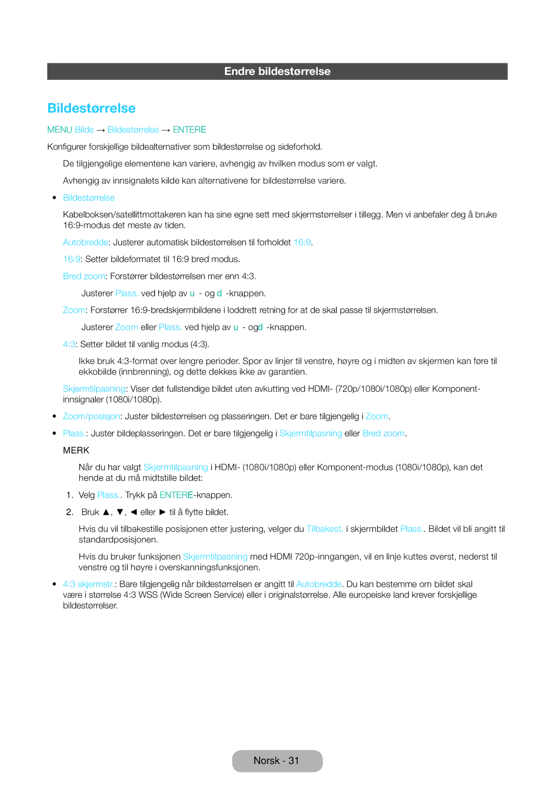 Samsung LT31D310EW/XU manual Endre bildestørrelse, Menu Bilde → Bildestørrelse → Entere 