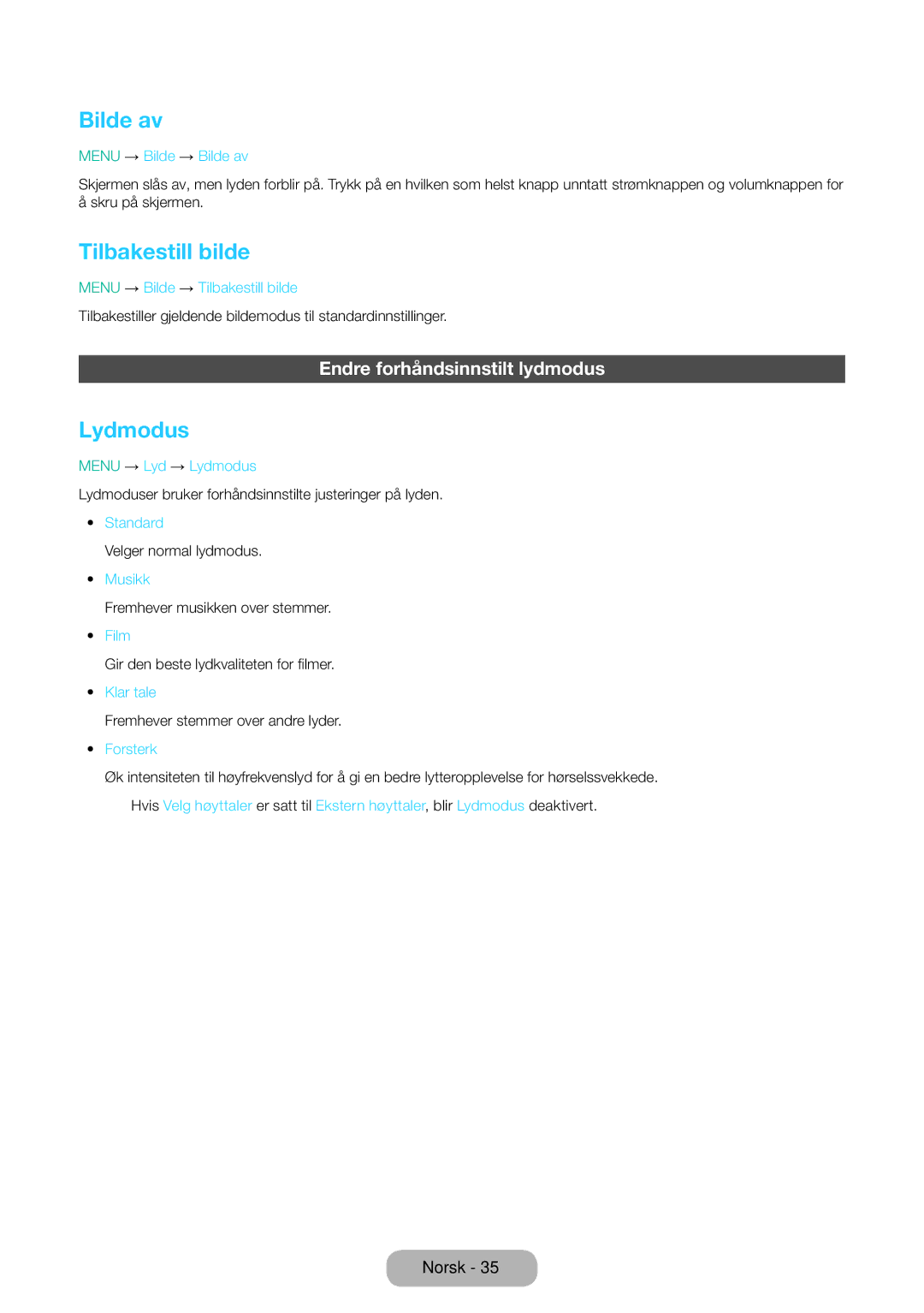 Samsung LT31D310EW/XU manual Bilde av, Tilbakestill bilde, Lydmodus, Endre forhåndsinnstilt lydmodus 